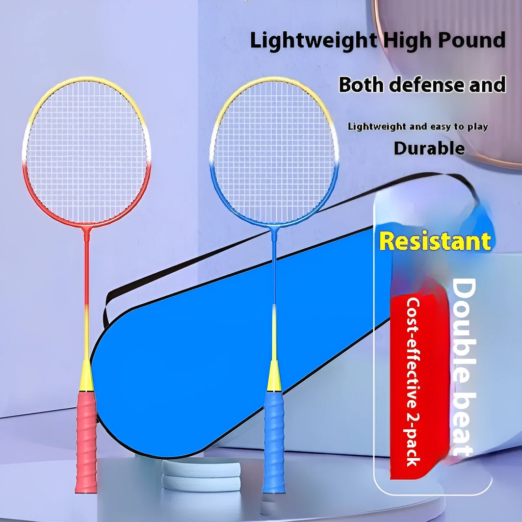 A pair of blue and red lightweight alloy badminton rackets with a split-frame design.
