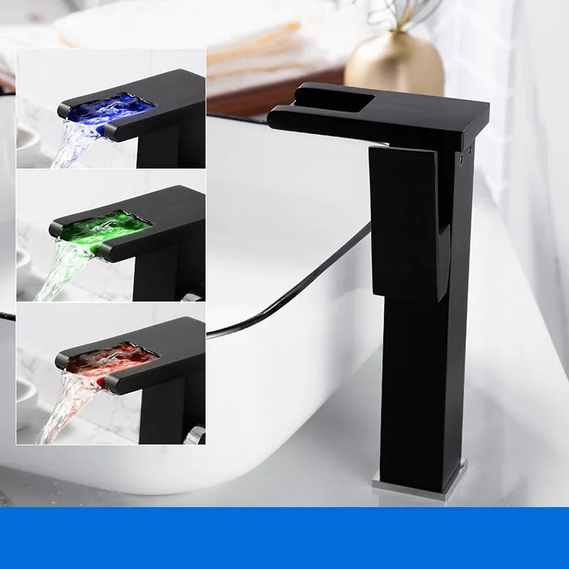 Waterfall basin faucet with chrome finish and induction sensor for hands-free bathroom use