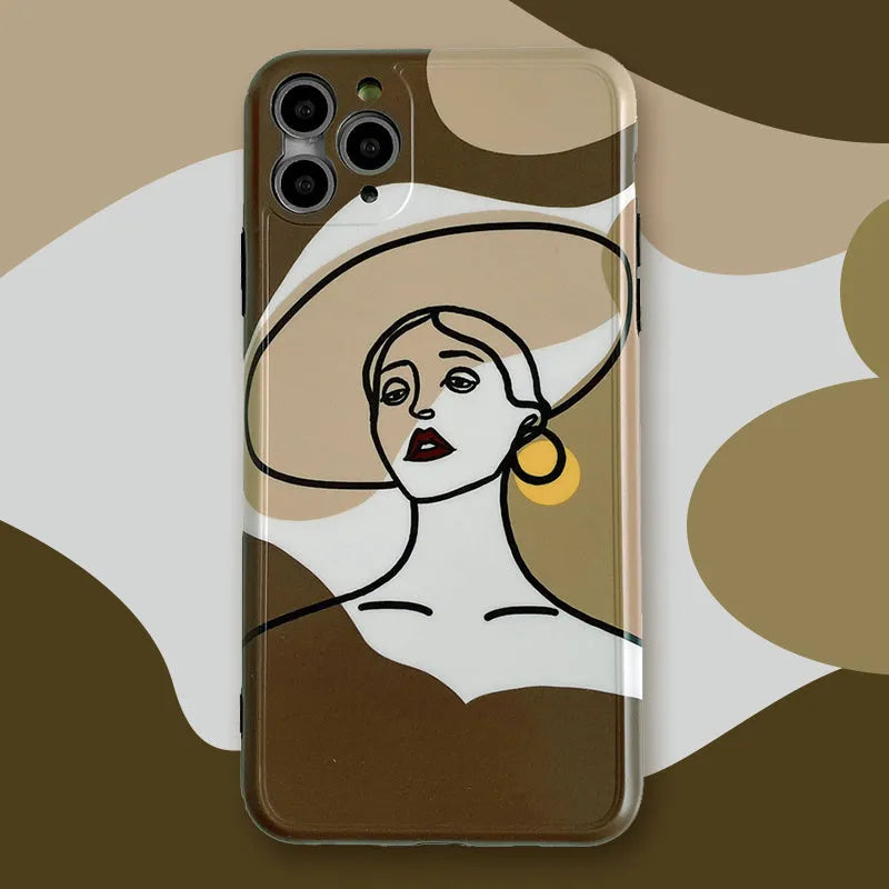 Orange yellow iPhone case with a colourful line painting cartoon design on a soft, textured surface.