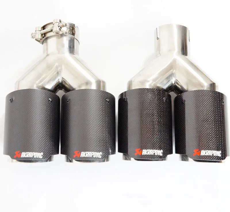 Carbon fibre and stainless steel decorative car exhaust pipe one modified two throat black bright finish
