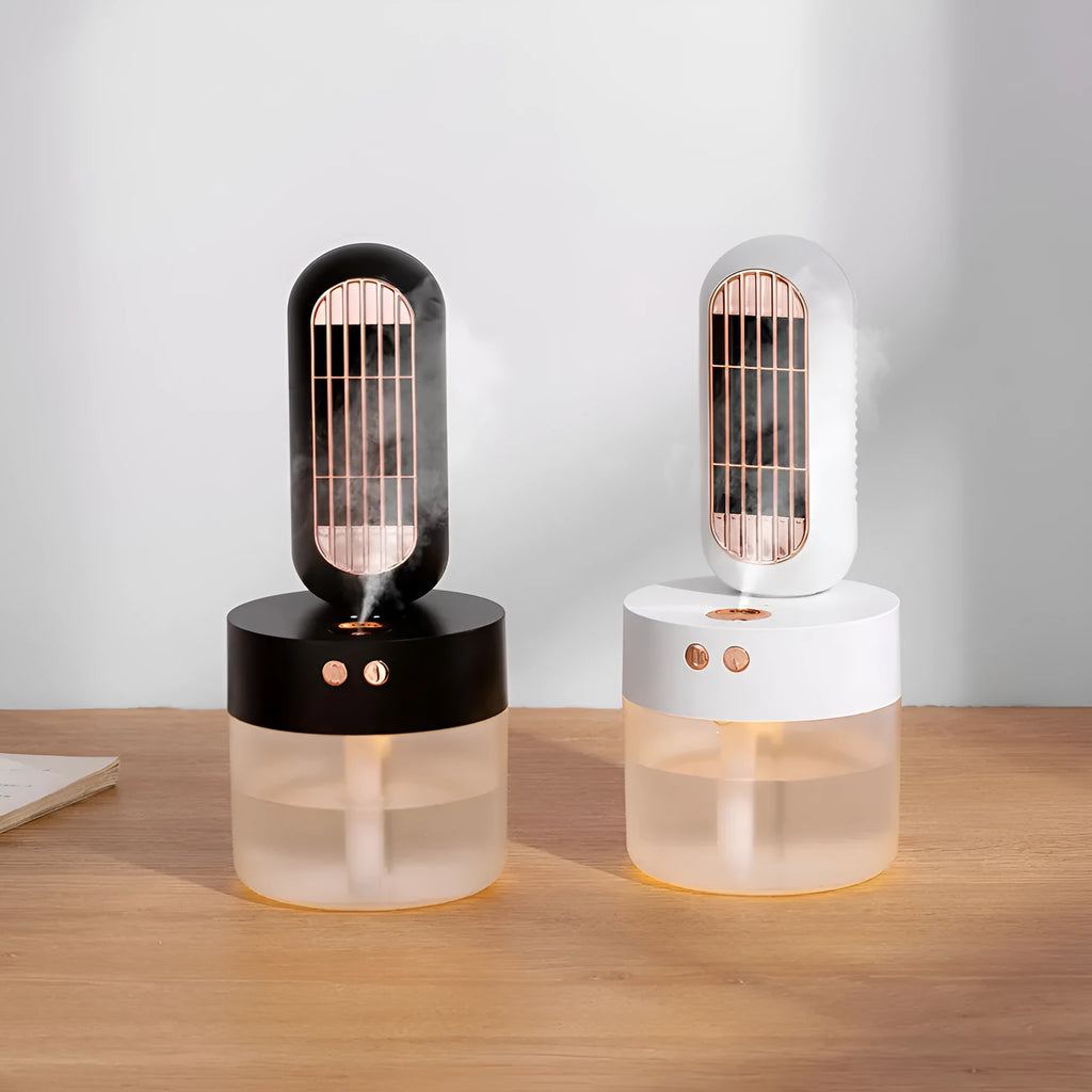 Small black and white portable humidifier fan with side-to-side head shaking feature and charging cable