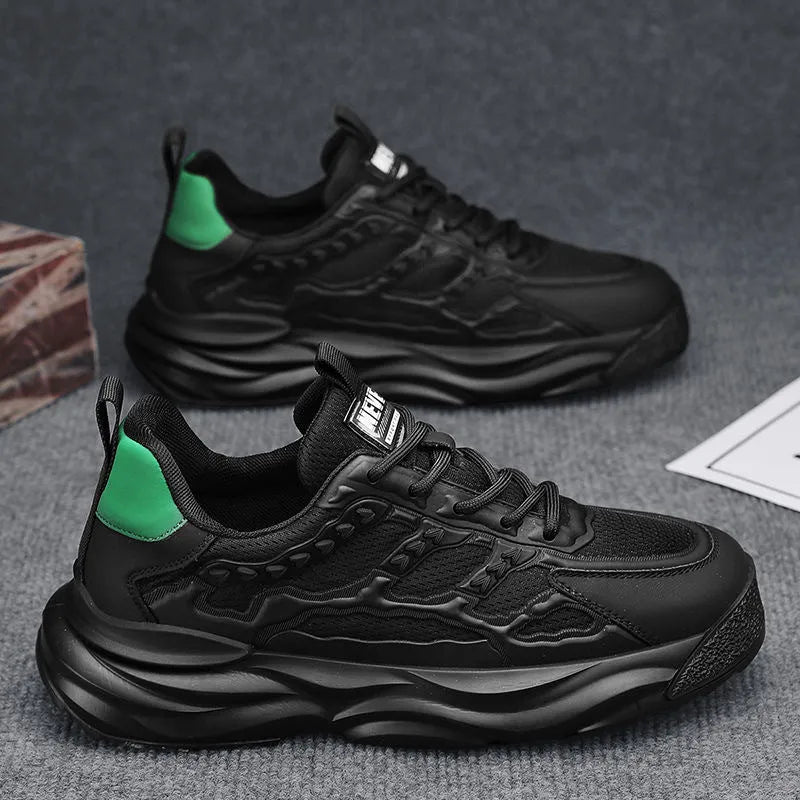 Men's solid colour breathable mesh sports shoes with round toe in white and black options