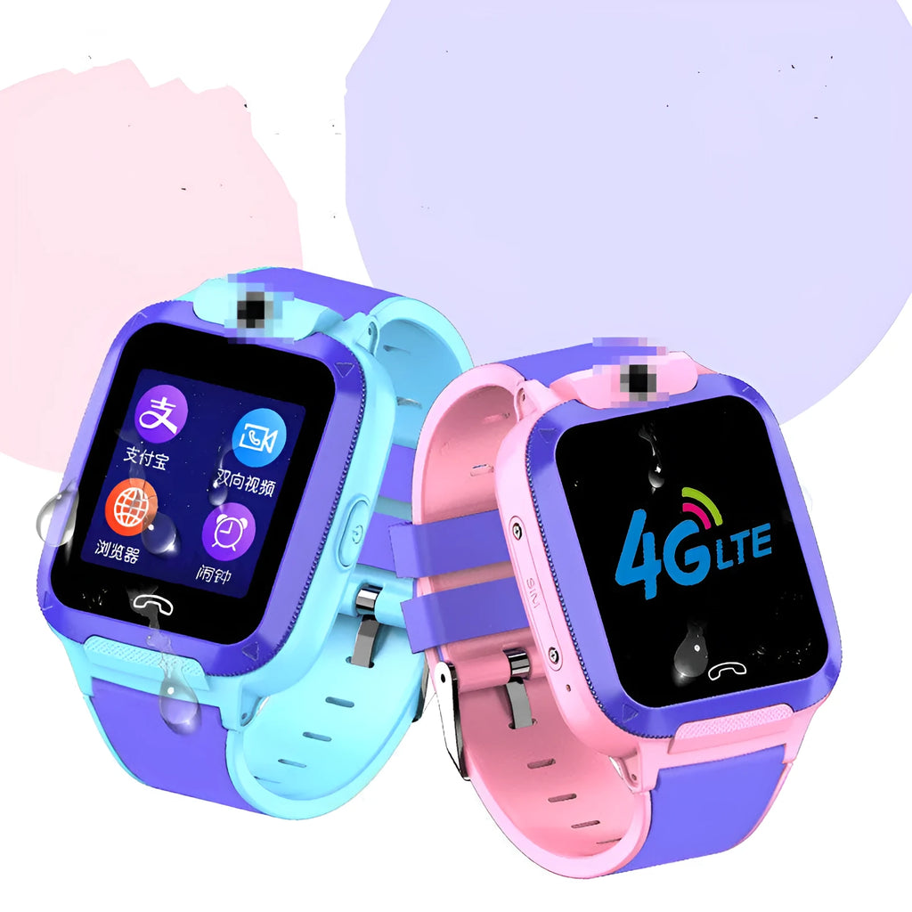 Blue children's smartwatch with a silicone strap and a 1.44-inch touch screen displaying GPS and video call icons.