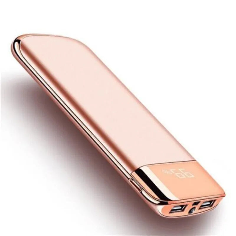 Y10 black portable power bank with LCD display showing battery percentage, two USB ports, and an LED light.