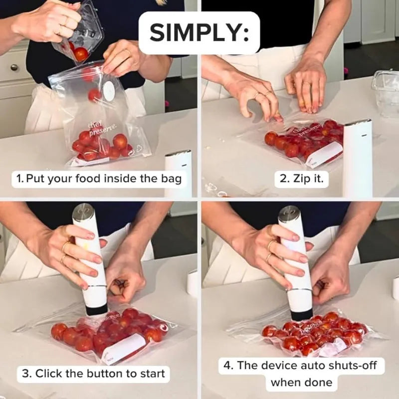 White USB electric suction pump and five clear plastic vacuum storage bags with zipper seals for food preservation.