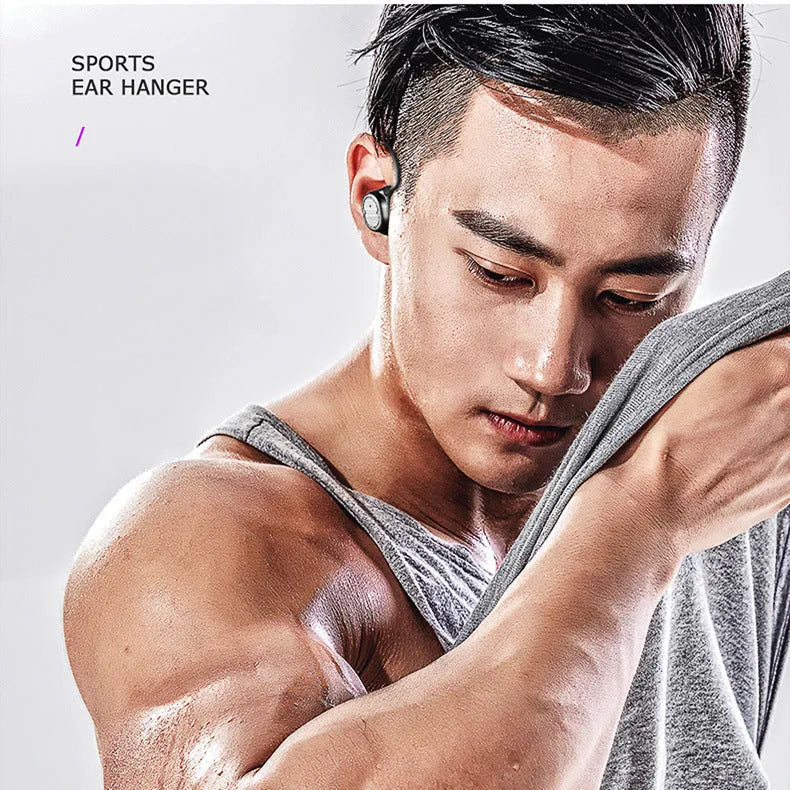 Wireless Bluetooth stereo earbud headset showing four colour options: black, white, red, and blue