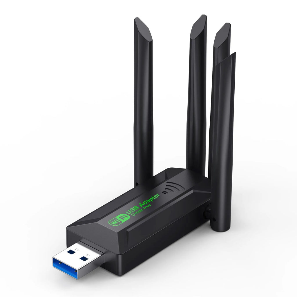 Black USB network transmitter with four adjustable antennas for computer wireless signal enhancement