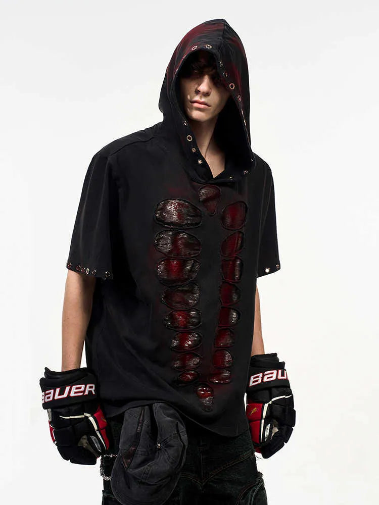 Black men's hooded short-sleeved T-shirt covered in sequins with a loose fit.