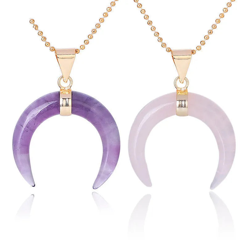 Natural stone moon pendant necklace with 45cm chain in pink or purple colour options