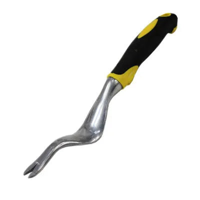 Set of three weeding tools with aluminum alloy heads and wooden handles in yellow and black colour