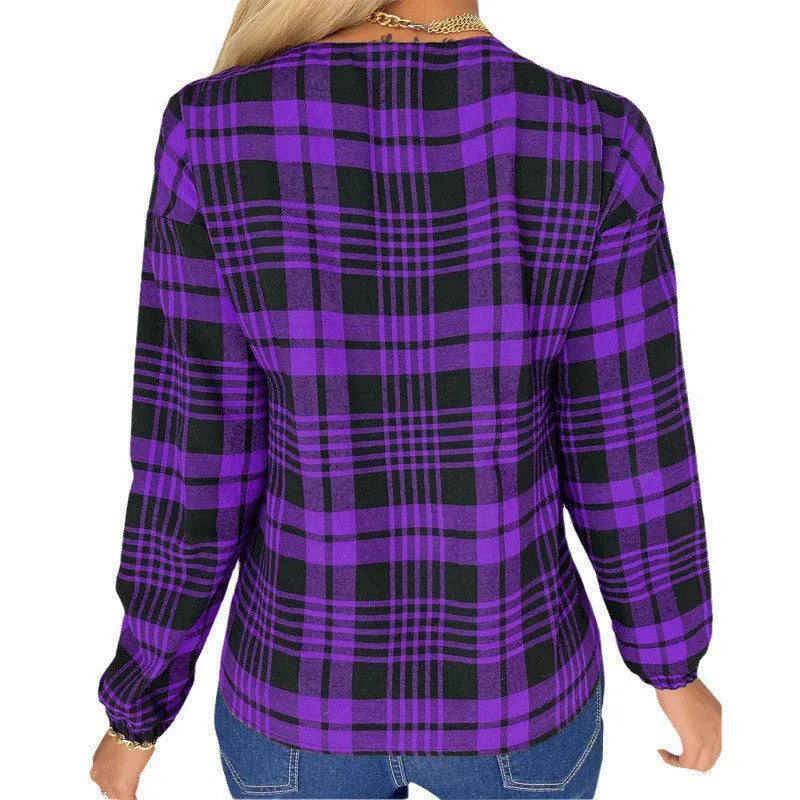 Women's loose plaid casual shirt in polyester fabric showing purple, grey and red colour options
