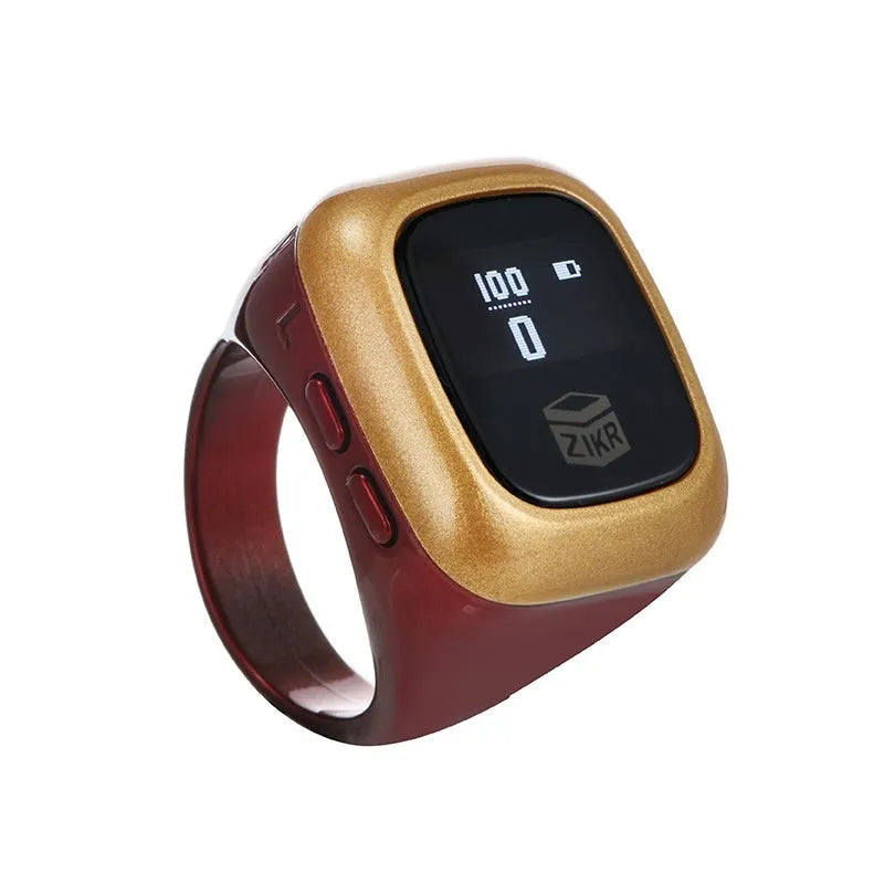 Al-Fatiha Zikr electronic counter with digital display on wrist, shown in Black, Space Gray, and Rose Gold colour options.