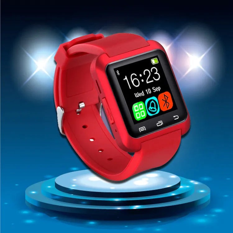 U8 Bluetooth smartwatch in black, red, or white colours on a wrist showing call screen.