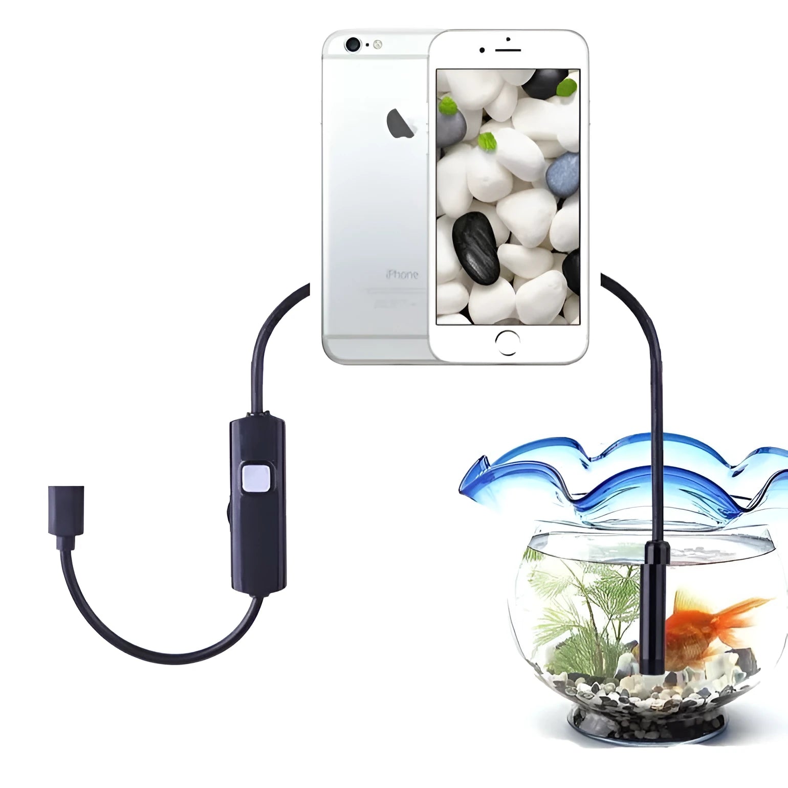 Black three-in-one Android phone endoscope with 5.5 mm probe and type-C Micro USB connectors
