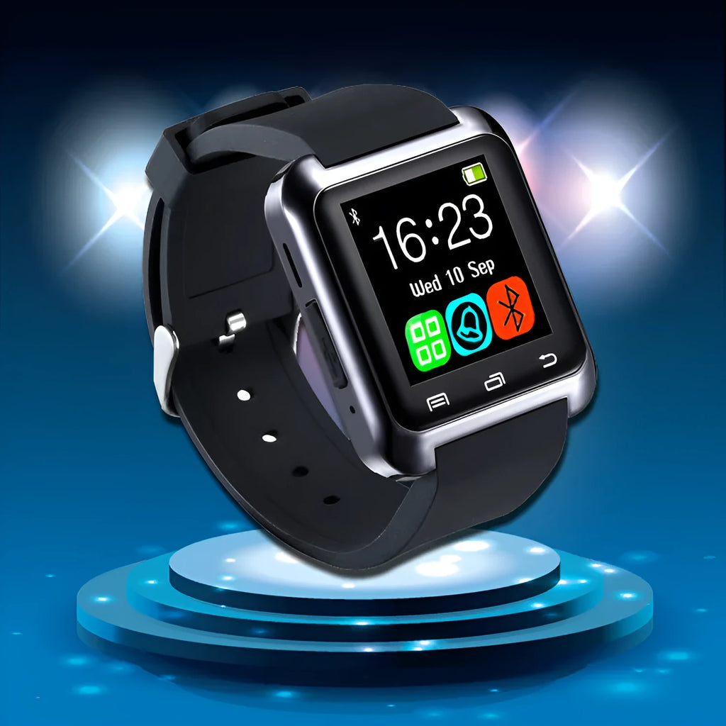 U8 Bluetooth smartwatch in black, red, or white colours on a wrist showing call screen.