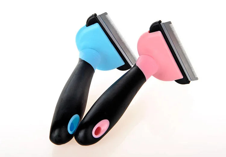 Pet hair removal comb for long straight hair, available in blue or pink, sizes S M L.