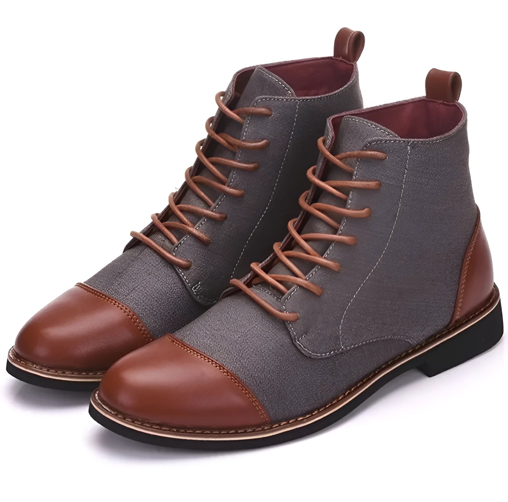 Men's black leather motorcycle-style ankle boots with belt buckle detail on the side.