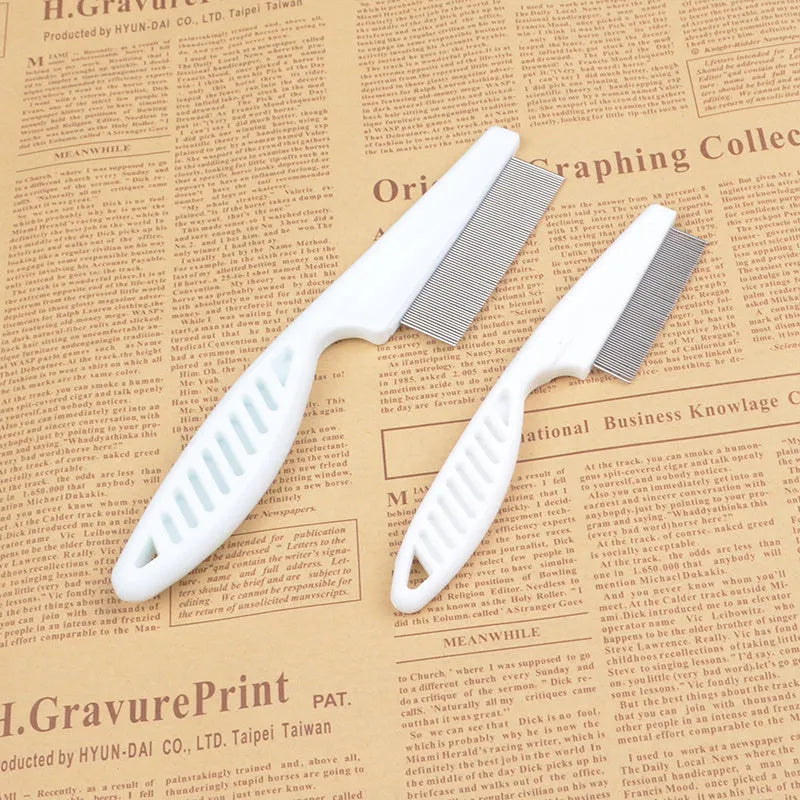Flea comb for dogs and cats with handle, small 14cm and large 18cm sizes, in white, blue, red or black