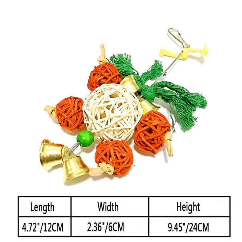 Wooden parrot nibble toy with coloured beads and bell hanging in bird cage