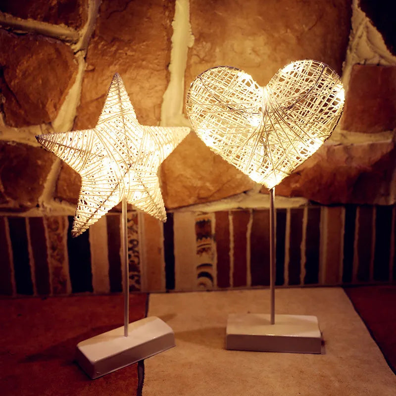 Rattan ball table lamp with flashing LED lights in love heart, star, or moon shape.