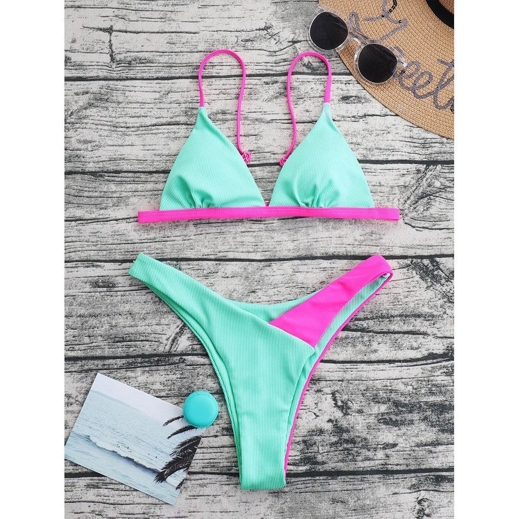 Women's European style swimsuit briefs bikini set in nylon fabric with bra and panties