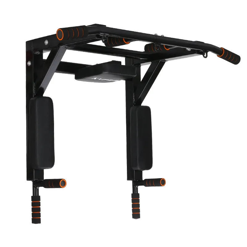 Black wall-mounted fitness equipment with a sandbag rack and single parallel pull-up bars.