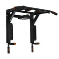 Black wall-mounted fitness equipment with a sandbag rack and single parallel pull-up bars.