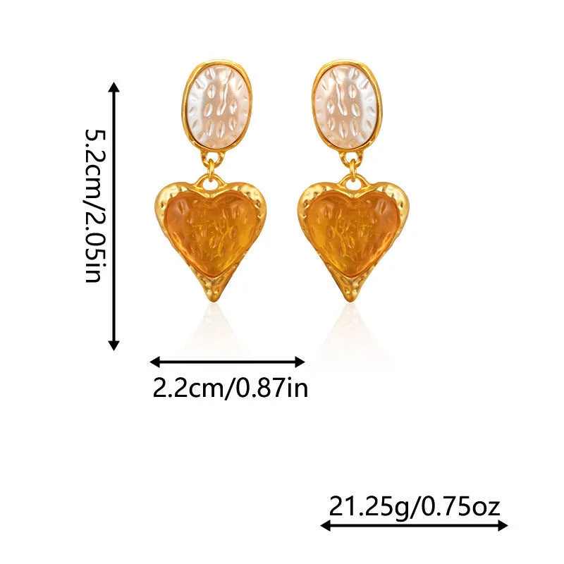 Oval heart-shaped alloy stud earrings with silver pleated edge, shown in purple, red, green, and yellow/white colour options.