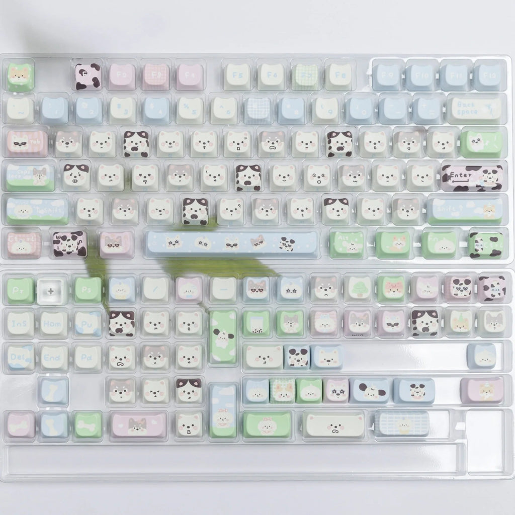 Full set of PBT key caps with colourful cat and puppy designs for mechanical keyboards