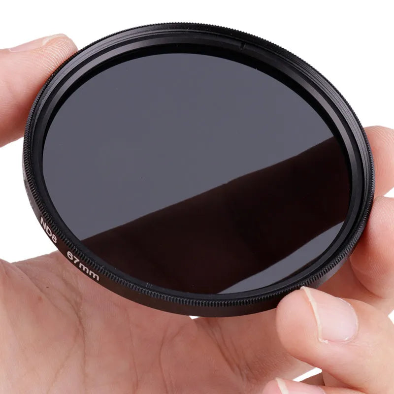 Digital camera ND8 filter in an aviation aluminium frame, shown with lens size markings.
