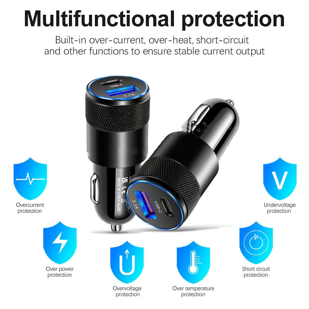 Aluminium alloy car phone charger with 12V input and compact 2.5 by 6cm dimensions