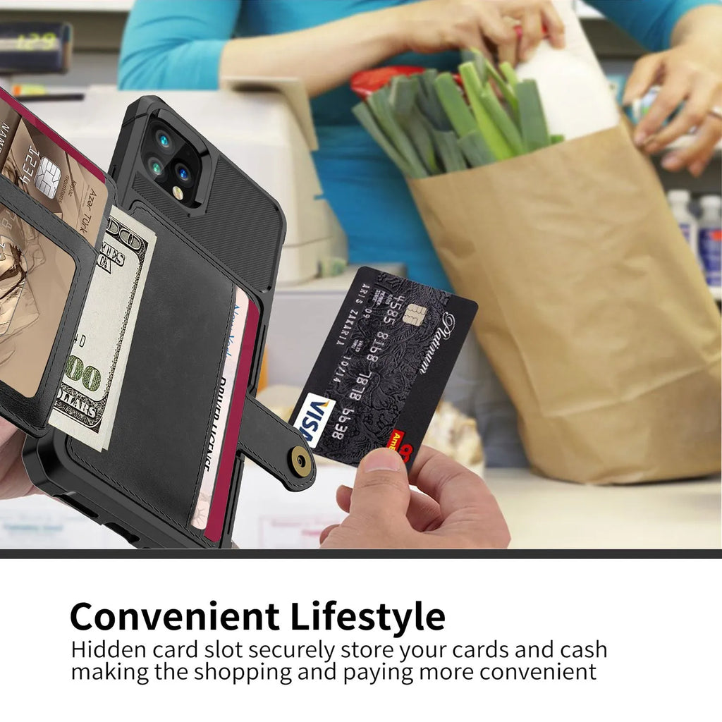 Imitation leather iPhone case with a rear card wallet pocket, shown in black, blue, green, pink, and red colours.