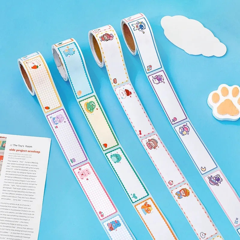 Roll of 60 colourful cartoon name stickers featuring dinosaur, astronaut, rabbit, and girl character designs