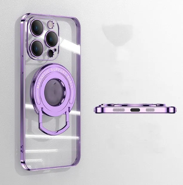 Transparent magnetic iPhone case with integrated pull rod bracket extended, showing dark purple colour and electroplated finish