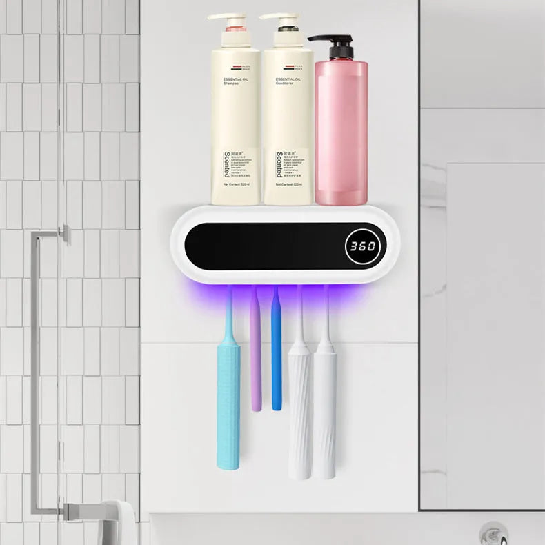 Ivory white wall mounted UV toothbrush steriliser holder with digital display and space for 5 toothbrushes