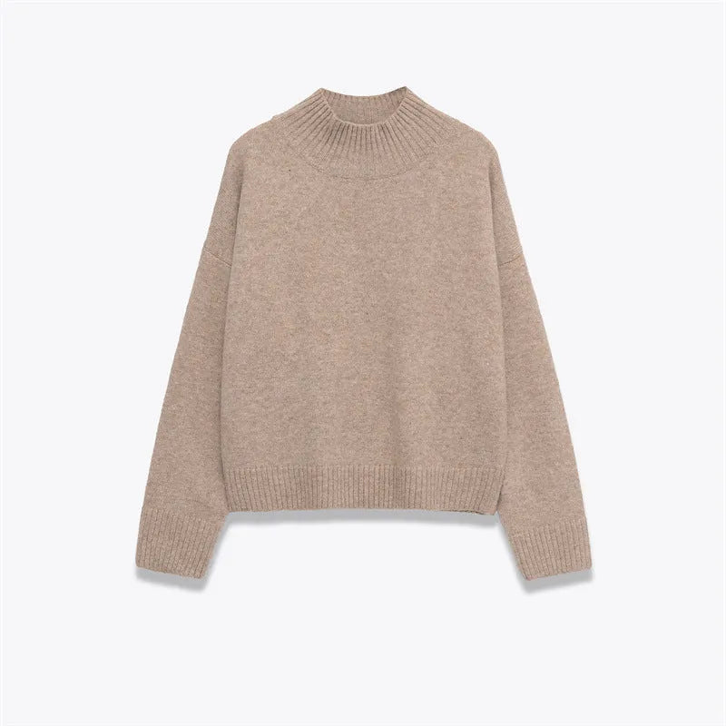 Women's khaki knitted sweater with stand-up collar and colour-block stripes