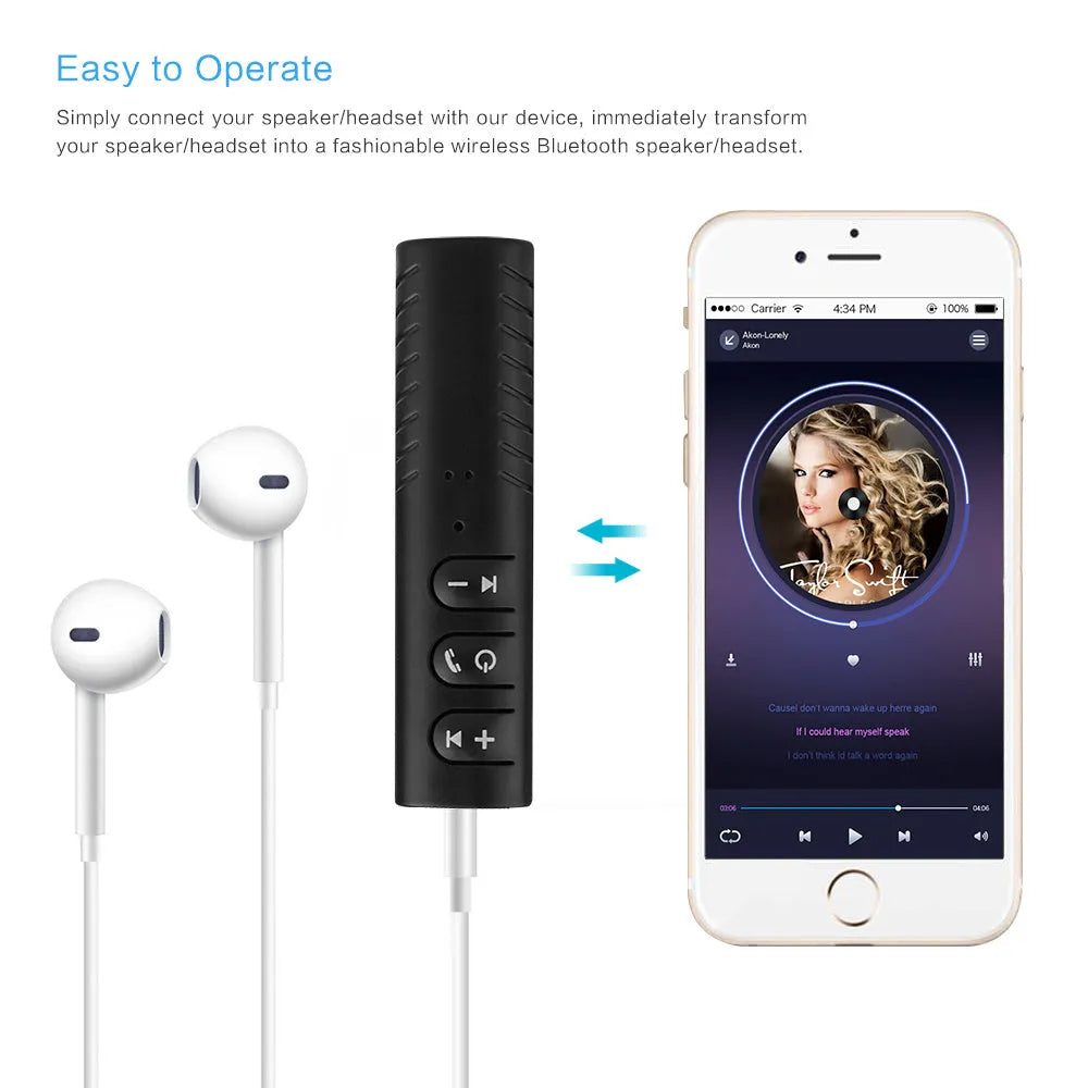 Black Bluetooth audio receiver with 3.5mm AUX jack for car stereo wireless connectivity