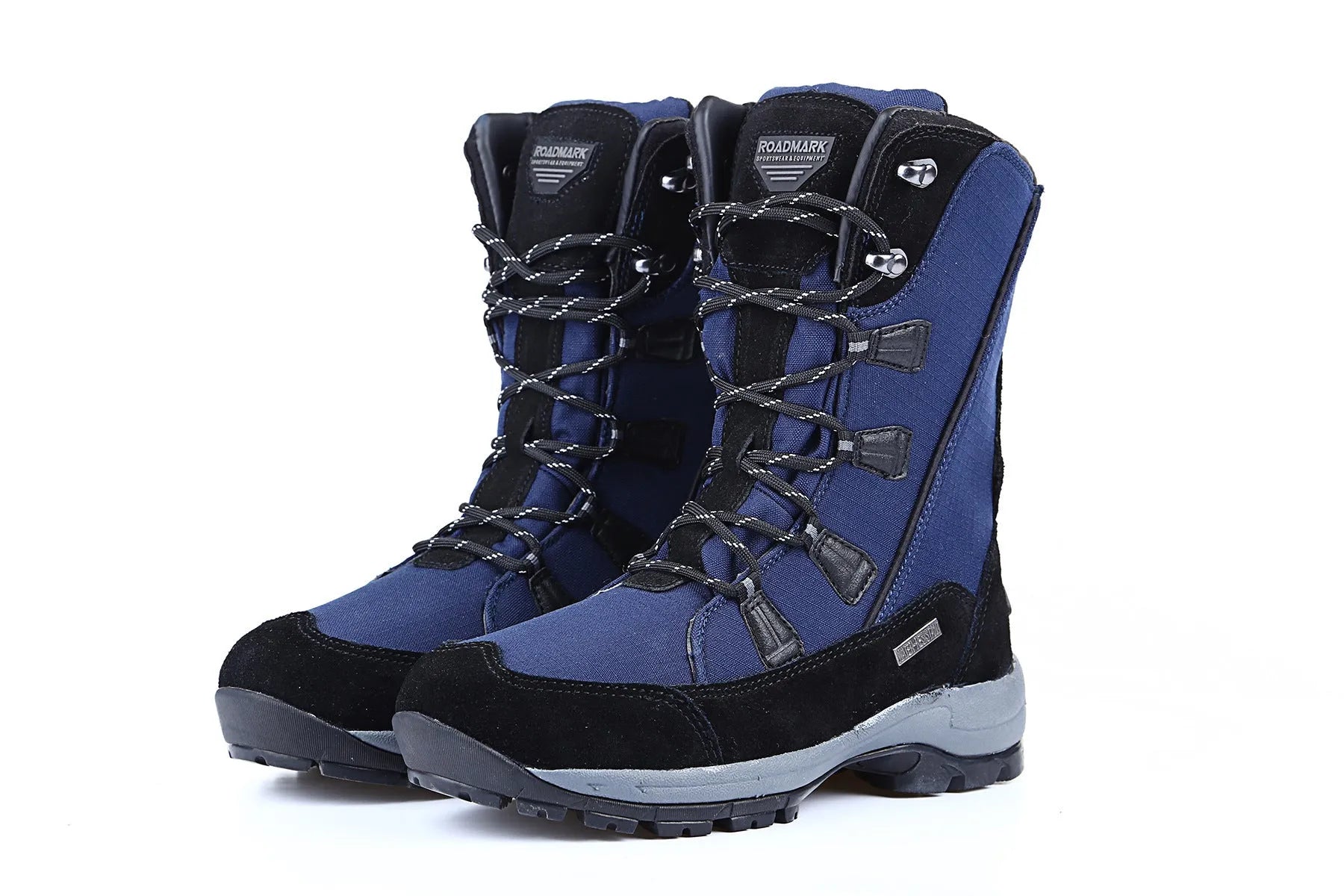 Women's black genuine leather mid-calf snow boots with a round toe and rubber sole.