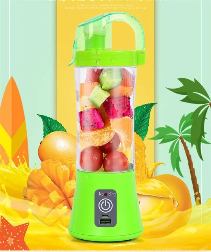Blue portable handheld USB rechargeable blender with a 400ml clear cup on a table.