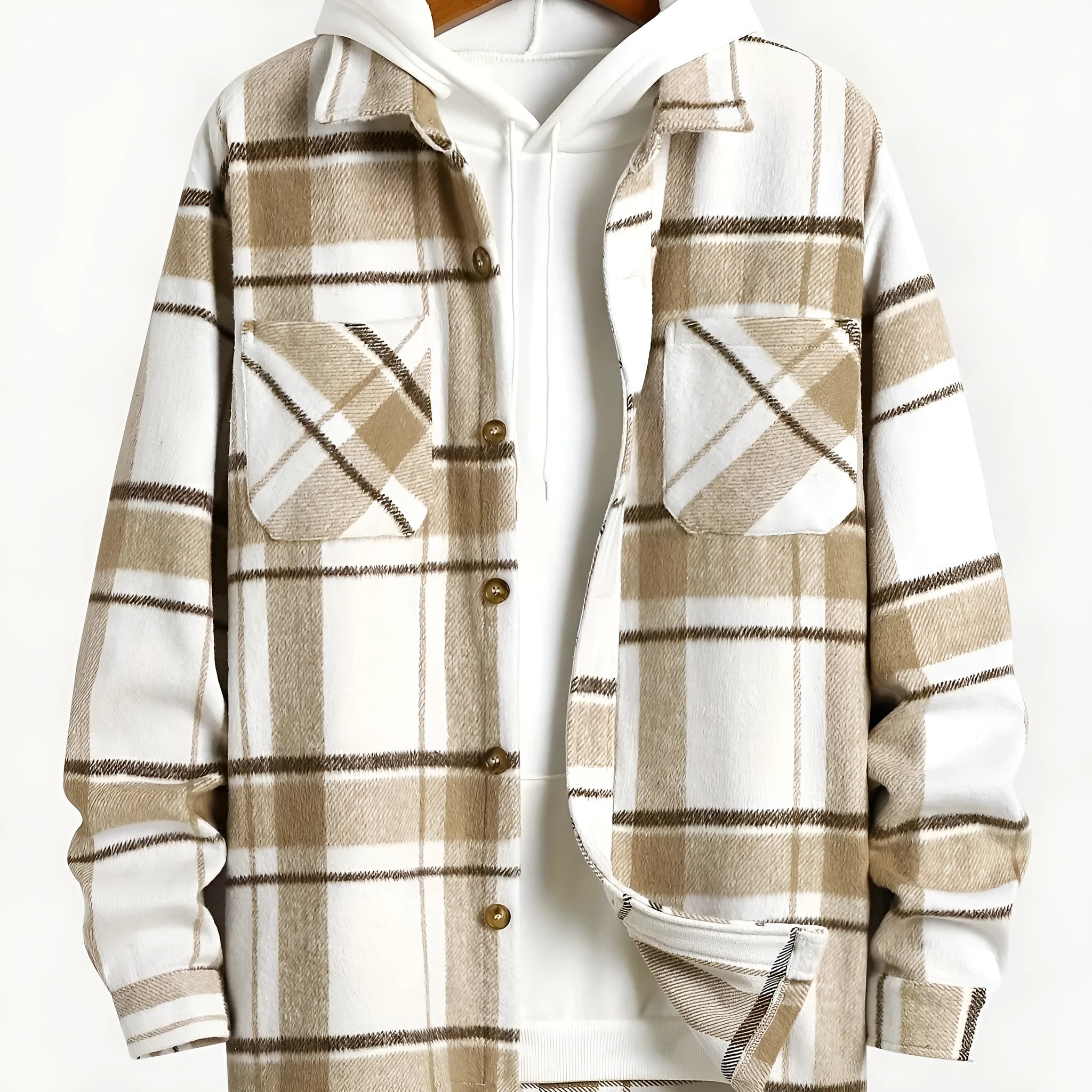 Men's plaid lapel thickening shirt cardigan in dark khaki cloth long sleeves loose fit