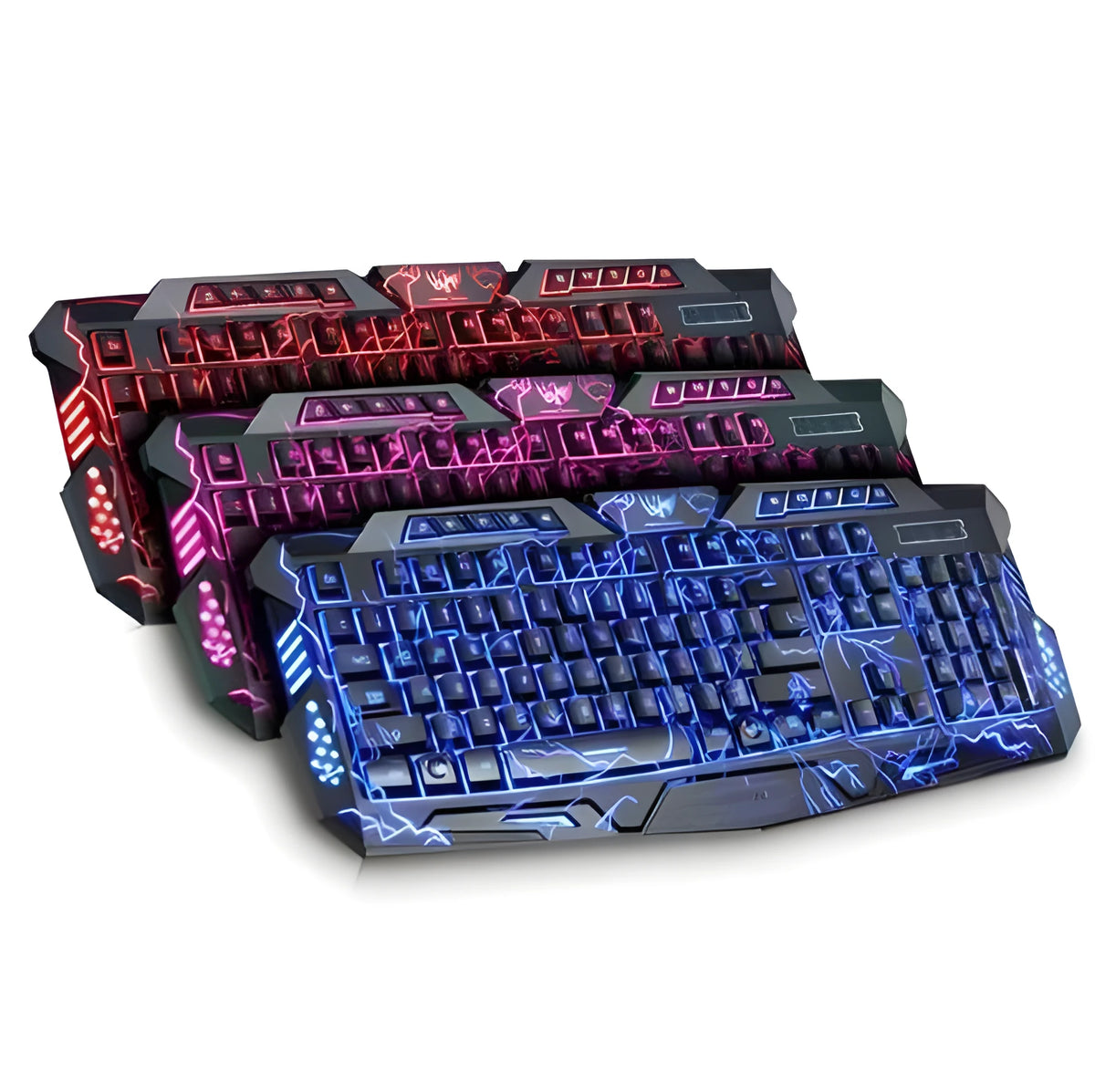 Black backlit gaming keyboard with blue LED glow, 49cm x 19cm, USB wired, adjustable stand