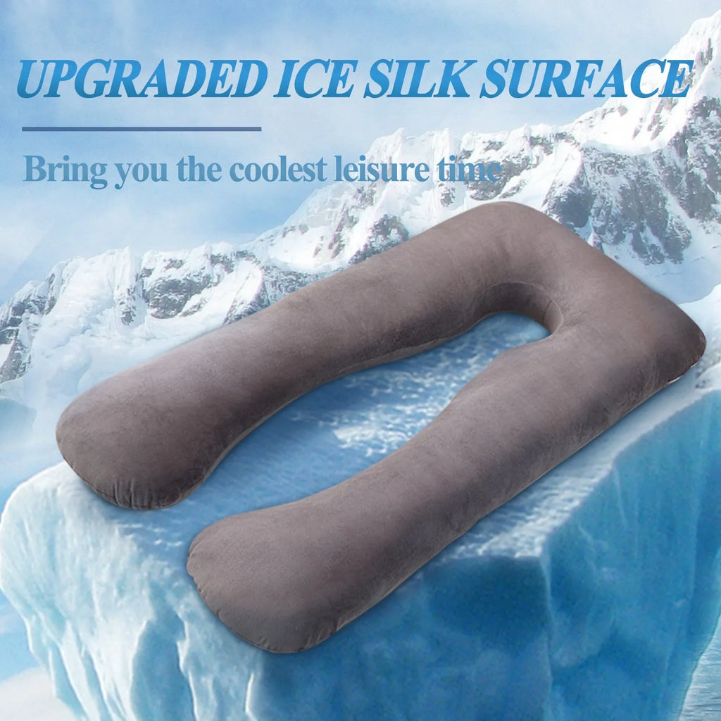 U-shaped maternity pillow for pregnant women in ice silk fabric, shown in light blue colour