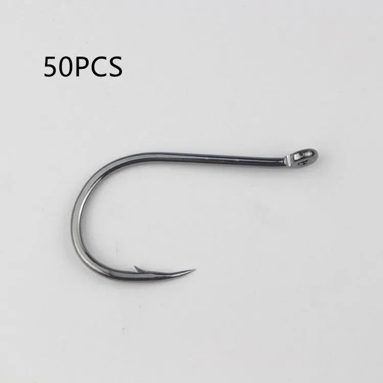 Bulk pack of barbed alloy carbon steel fishing hooks for sea and rock fishing in various sizes.
