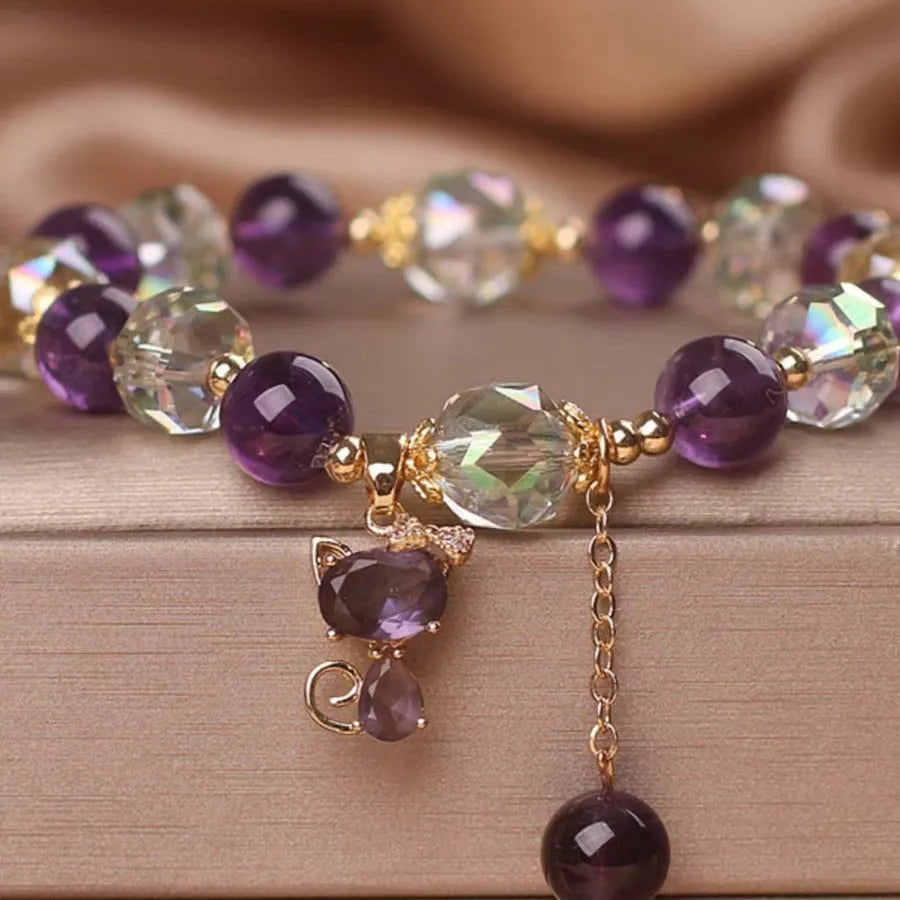 Natural purple amethyst fox pendant bracelet with a geometric antique style and a nine-tailed fox charm.