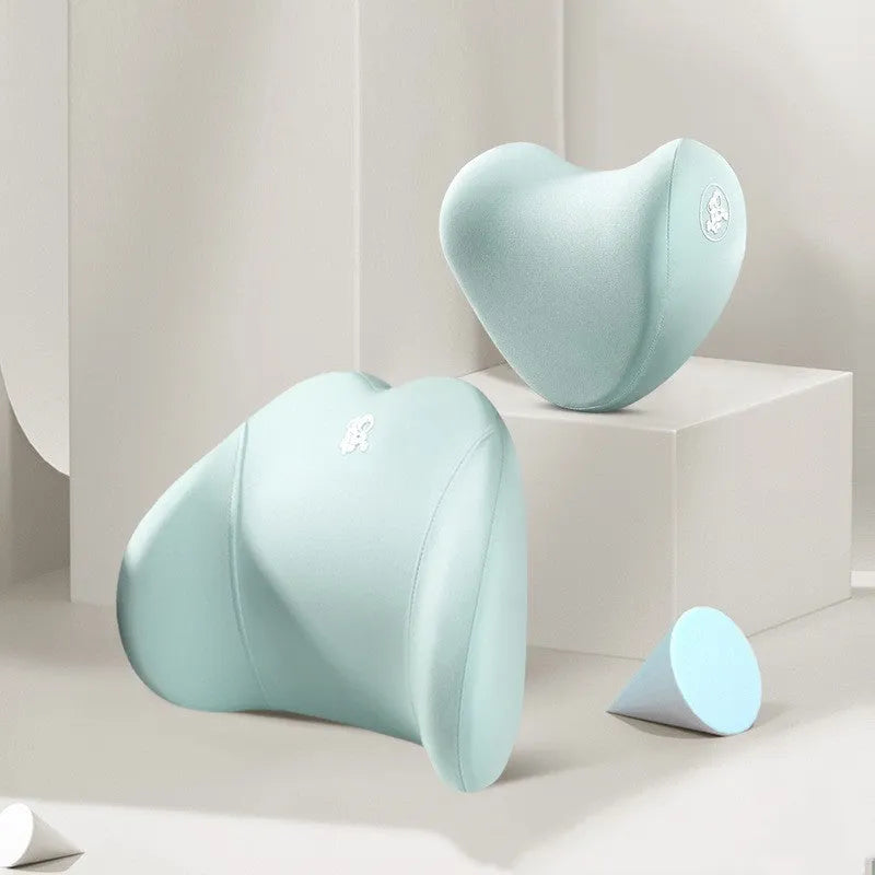 Heart-shaped memory foam car pillow set with headrest and lumbar support in cotton