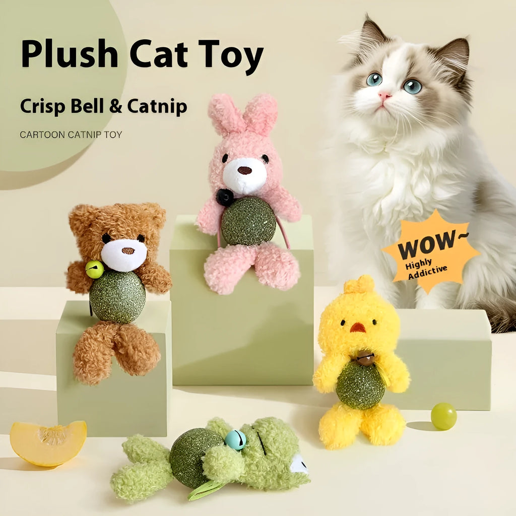 Plush catnip ball toy shaped as a character, measuring 15cm tall, with a bell and a 4cm catnip ball.