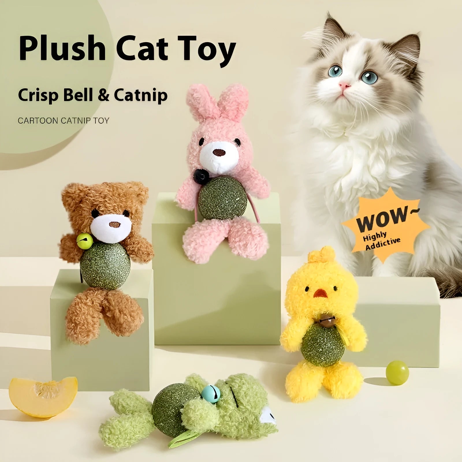 Plush catnip ball toy shaped as a character, measuring 15cm tall, with a bell and a 4cm catnip ball.
