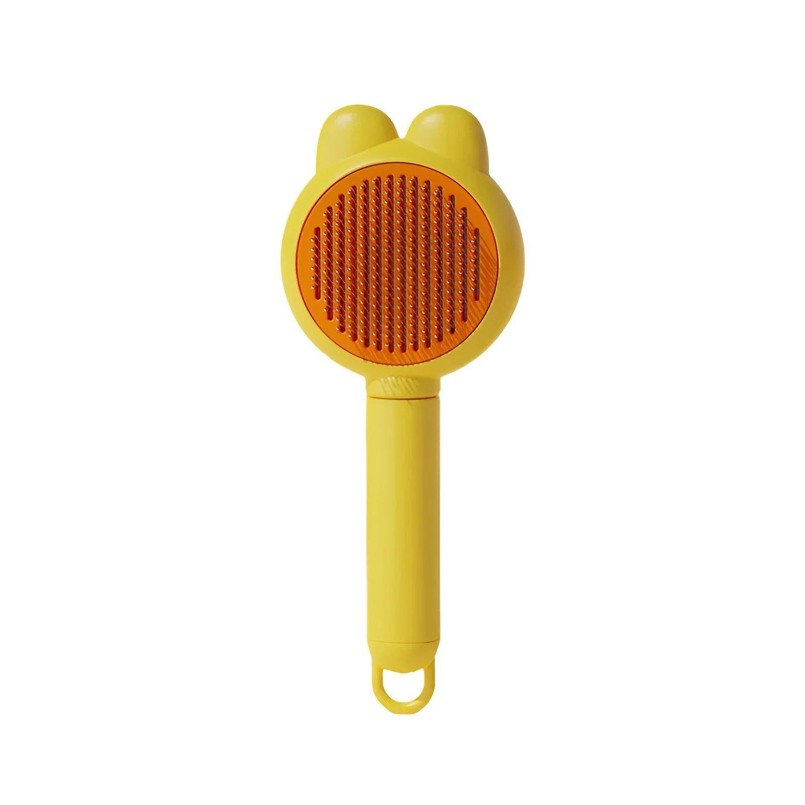 Green self-cleaning cat brush with release button and metal comb for pet grooming