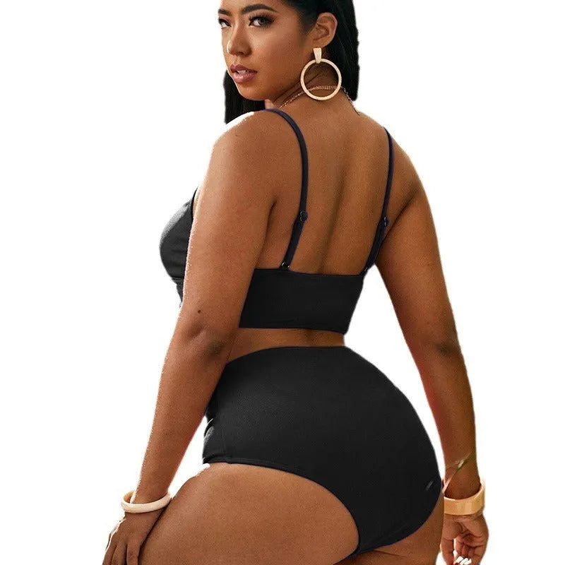 Plus size high waist split bikini swimsuit in solid black colour with front split detail