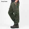 Men's khaki cotton overalls with velvet lining, showing loose fit and straight leg style